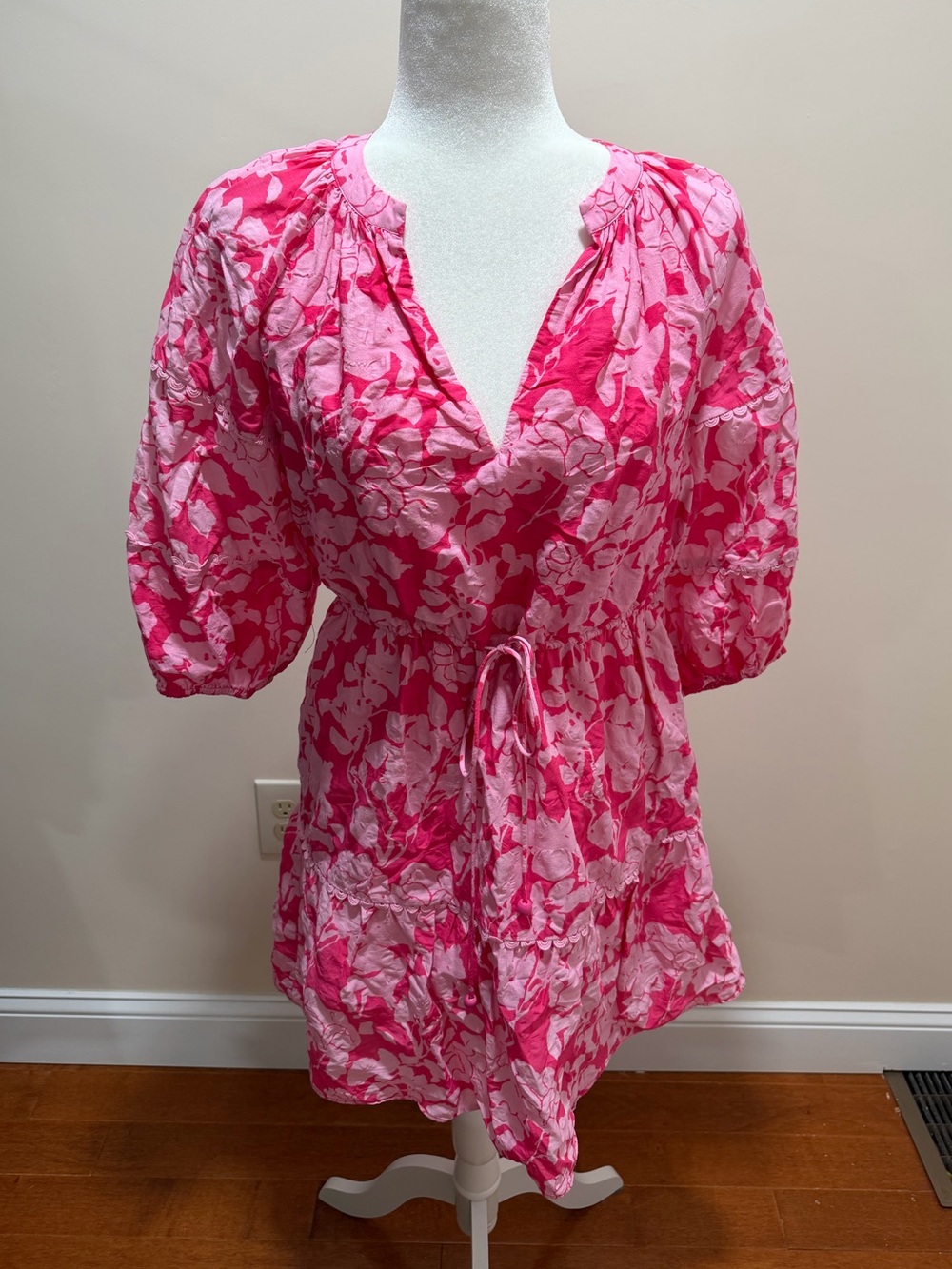 Hyacinth House Tuckernuck Pink Floral Texture Cotton 1/2 Sleeve Mini Dress Sz. S
